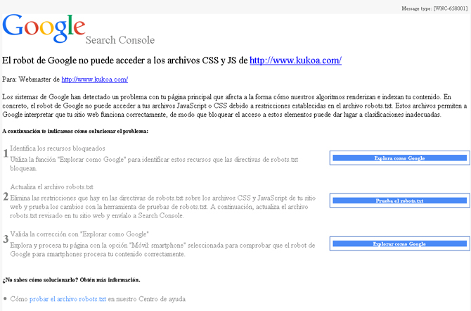 google sarch console notifica desbloqueos js y css